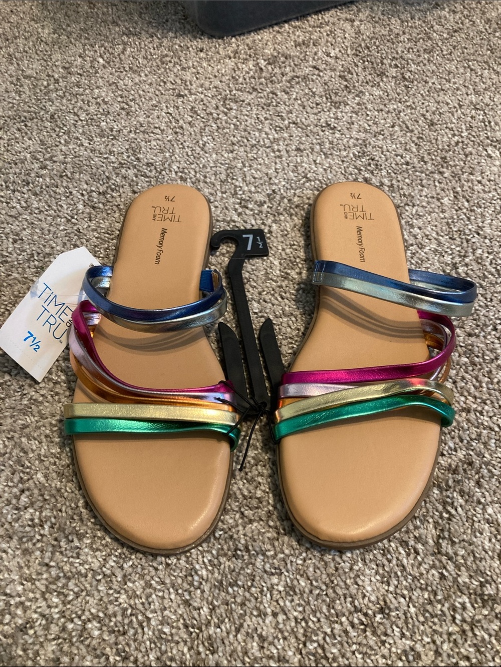 Time and Tru Metallic Multi-Strip Slide Sandals - Blue, Pink, Gold, Green